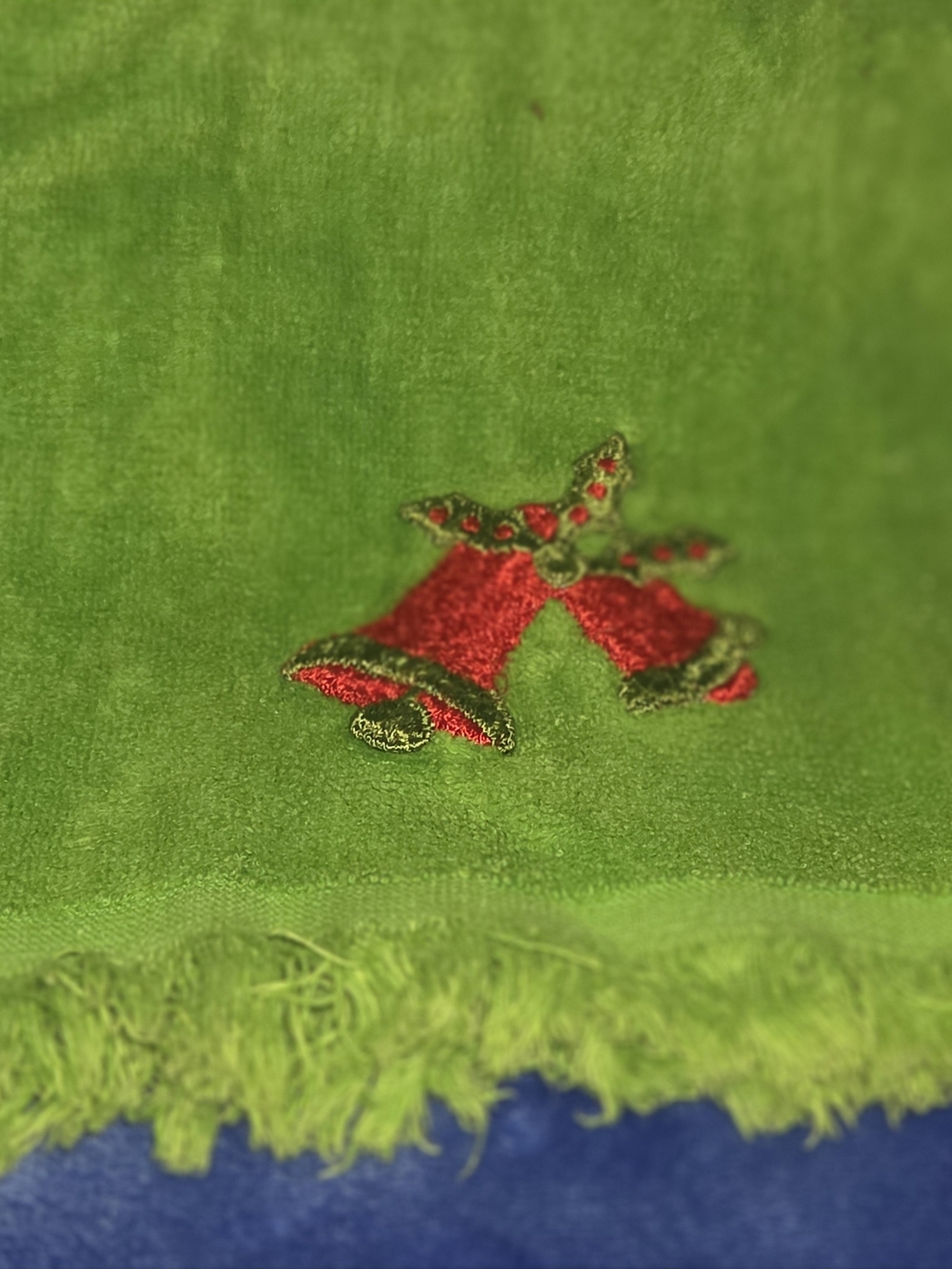 Green Hand Towel with Festive Red Bell Embroidery